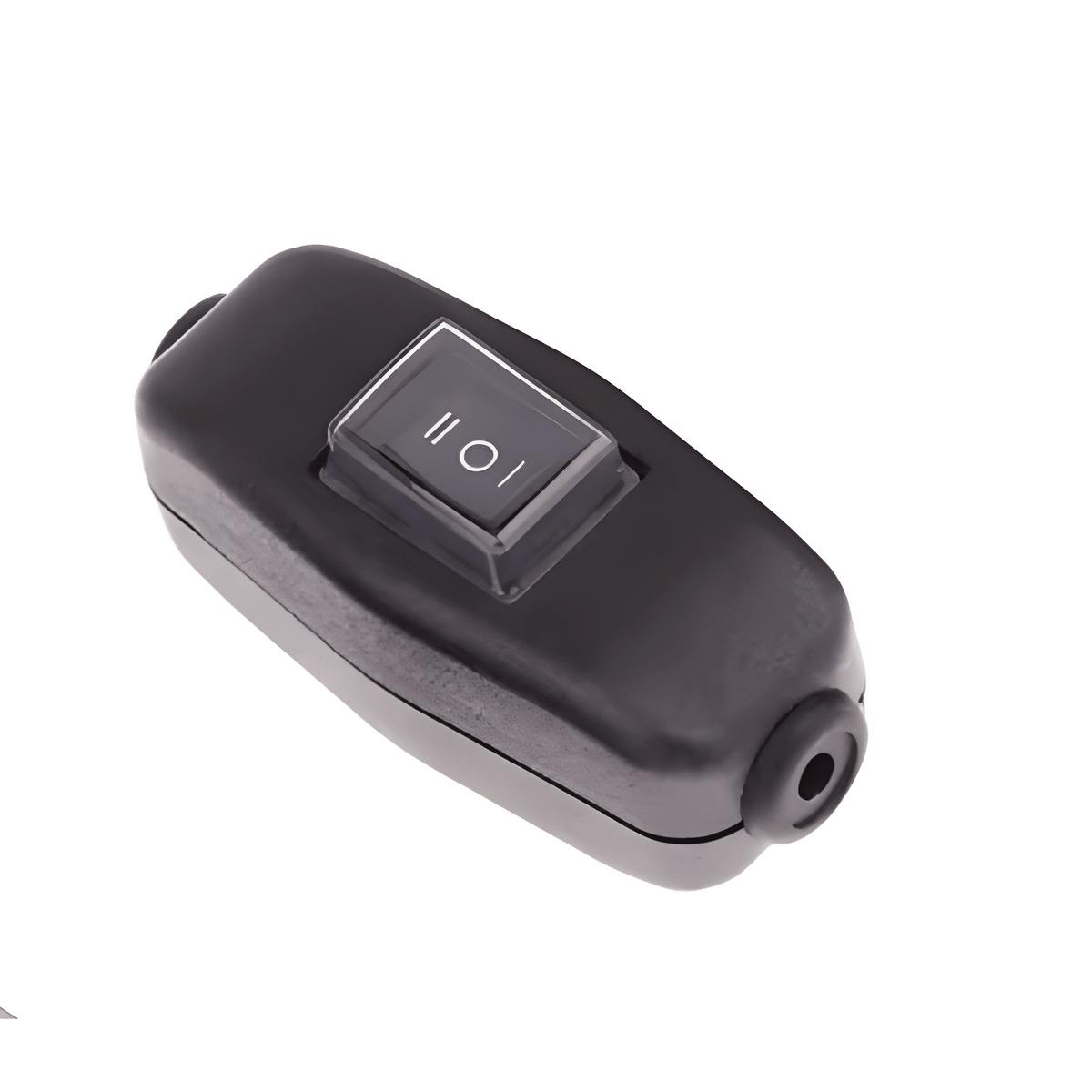 Black plastic 12V 24V inline waterproof switch by MURE featuring an on-off-on 3-pin rocker switch