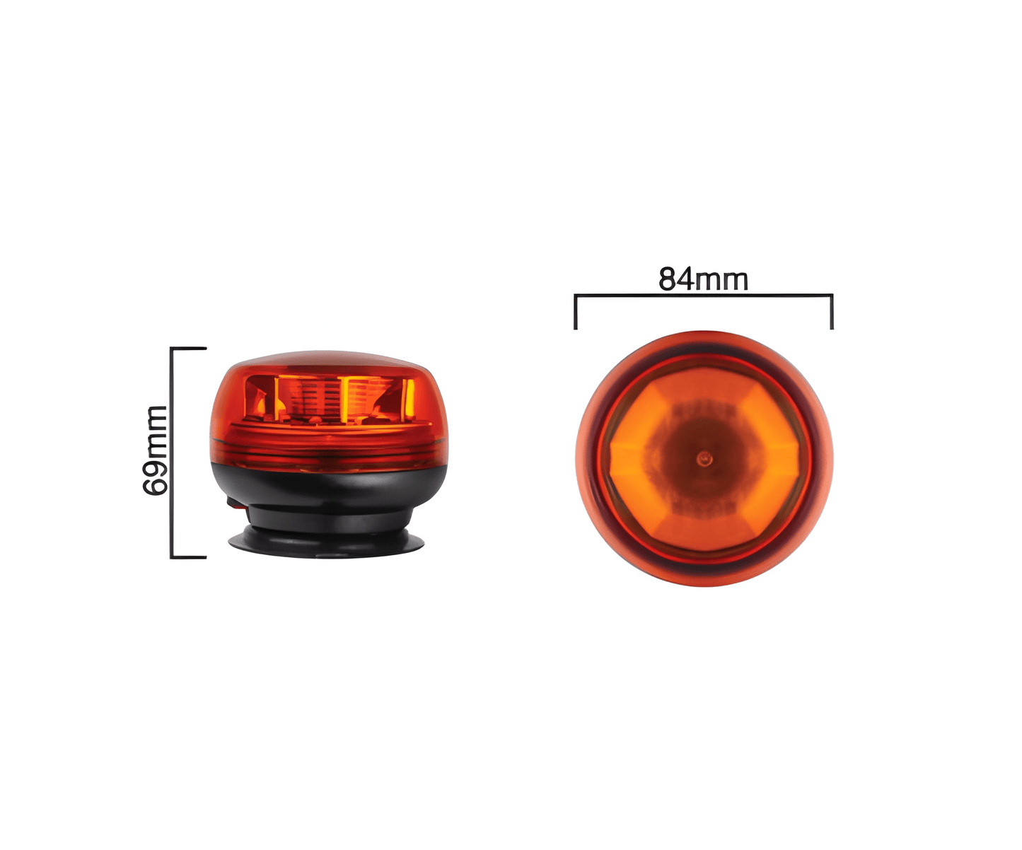 Technical dimension diagram for the AMB946 mini beacon, showing a compact height of 69mm and a lens diameter of 84mm.