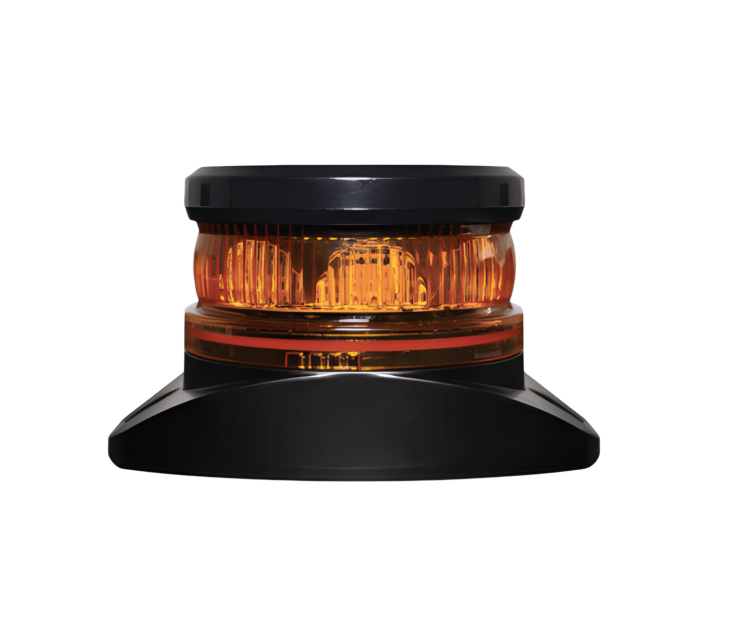 Frontal view of the compact 12V/24V Guardian AMB824 amber beacon showing the rugged housing and clear amber lens.