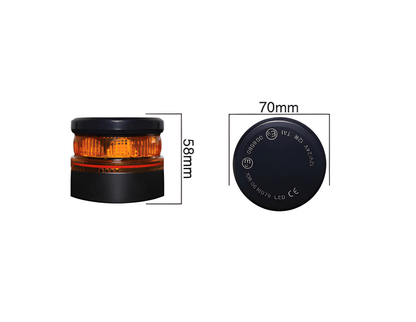 Technical dimension drawing for the Guardian AMB826 magnetic beacon: 58mm height and 70mm lens diameter.