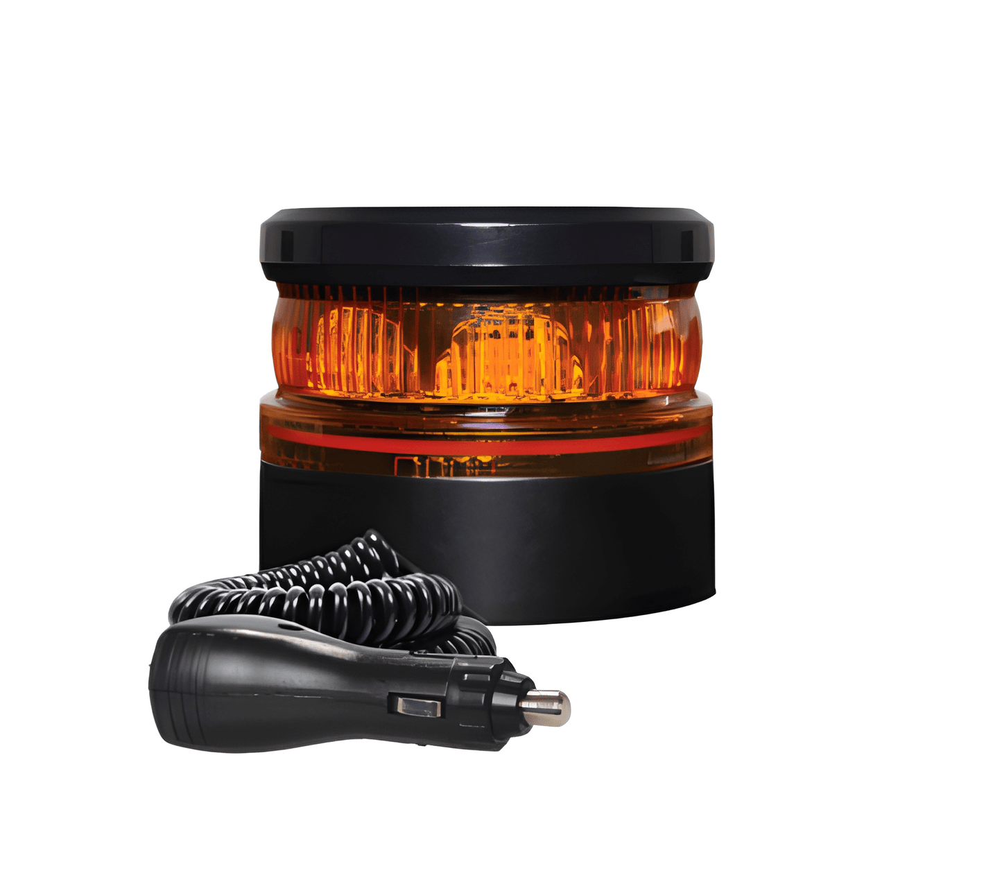 Guardian AMB826 magnetic amber beacon shown with its coiled power cable and cigarette lighter plug for 12V and 24V vehicles.