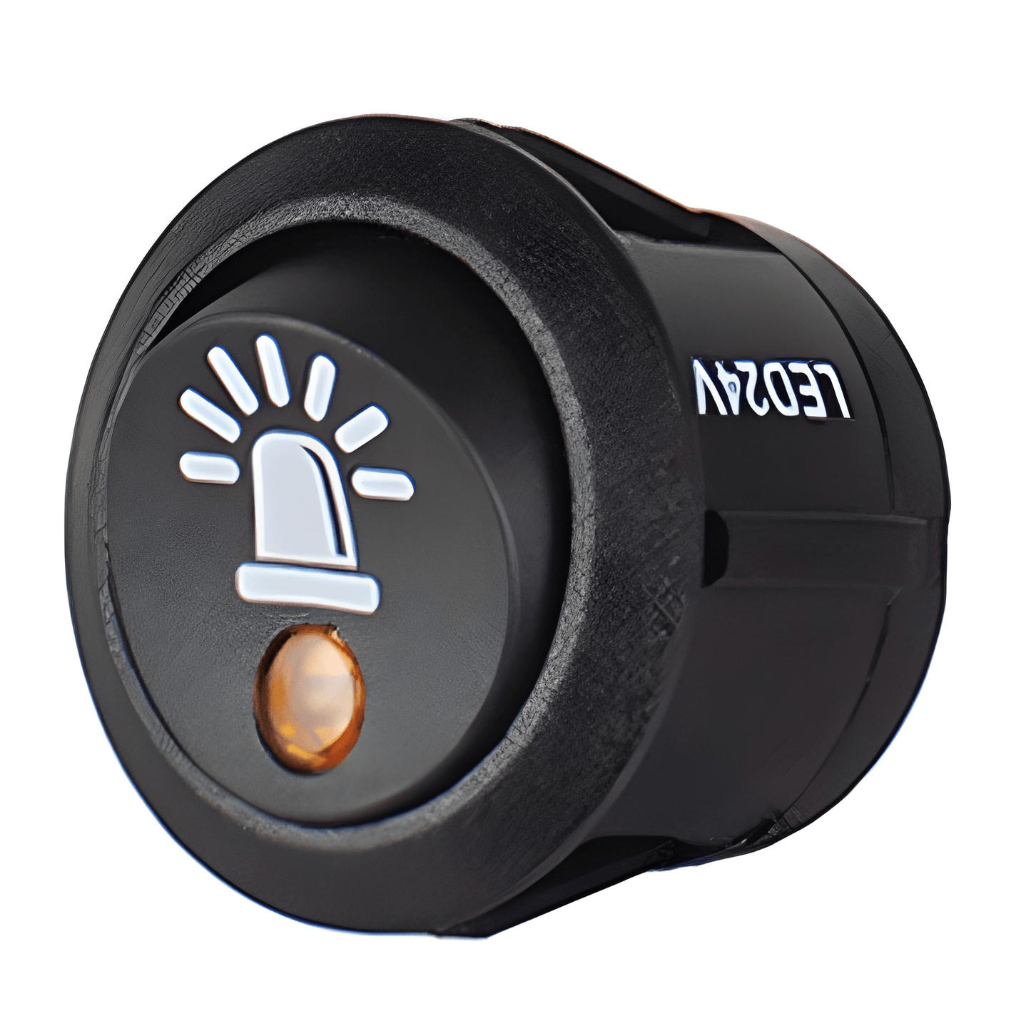 Three-quarter view of the Guardian SW44 round rocker switch featuring an etched beacon symbol and integrated amber LED status indicator.