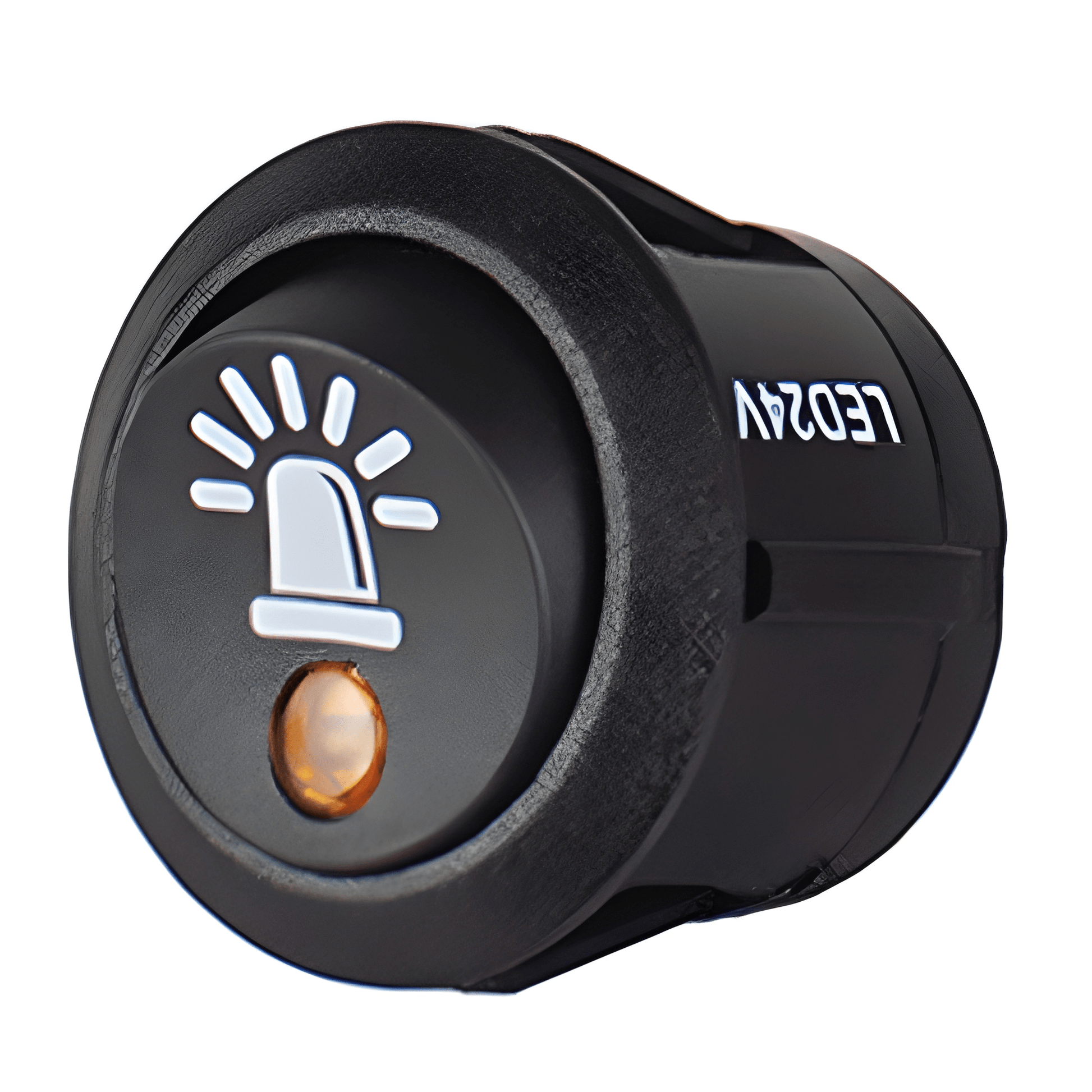 Three-quarter view of the Guardian SW44 round rocker switch featuring an etched beacon symbol and integrated amber LED status indicator.