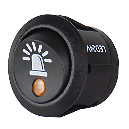 Three-quarter view of the Guardian SW44 round rocker switch featuring an etched beacon symbol and integrated amber LED status indicator.