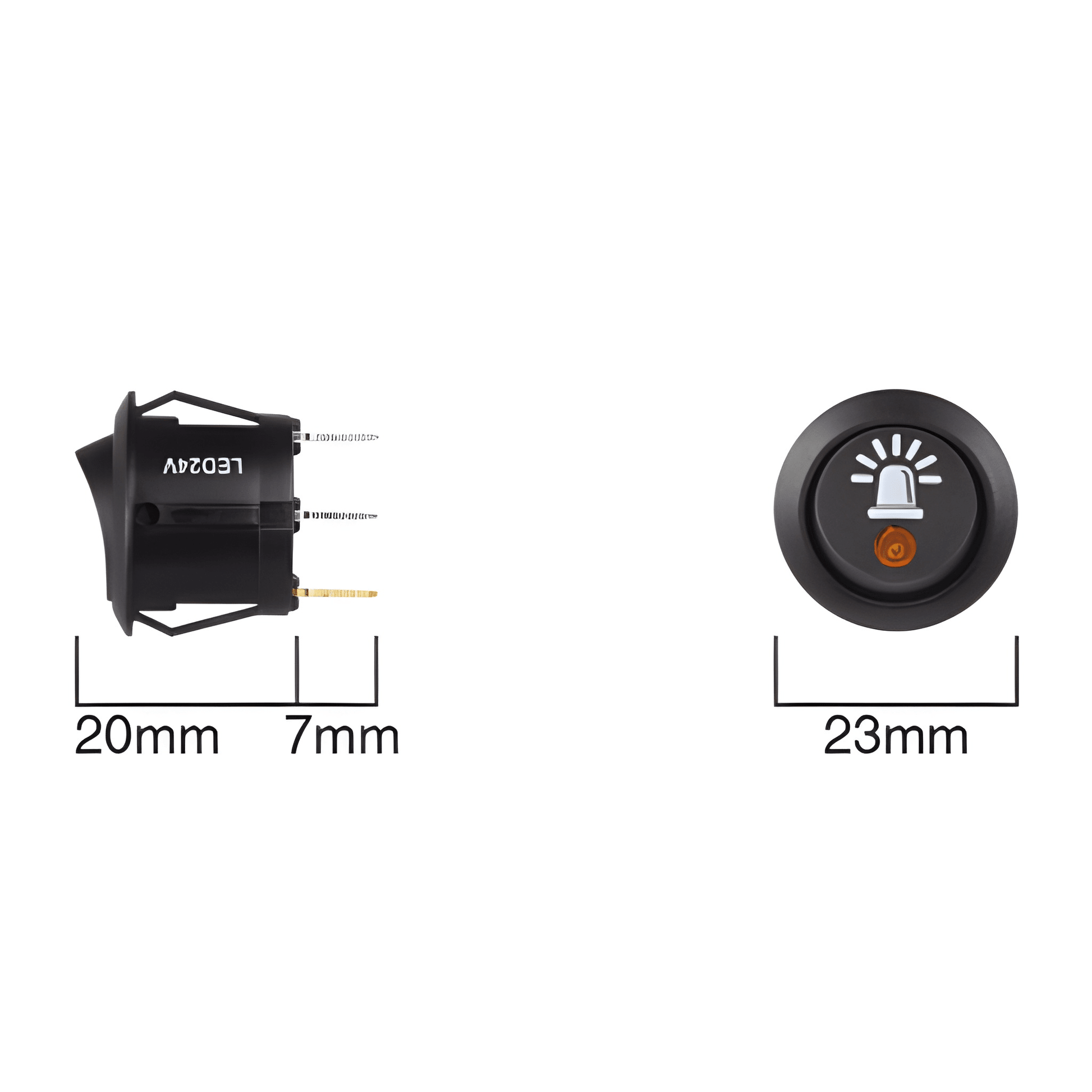Technical dimension diagram for the Guardian SW44 switch, specifying a 20mm hole diameter, 23mm face width, and 7mm terminal length.
