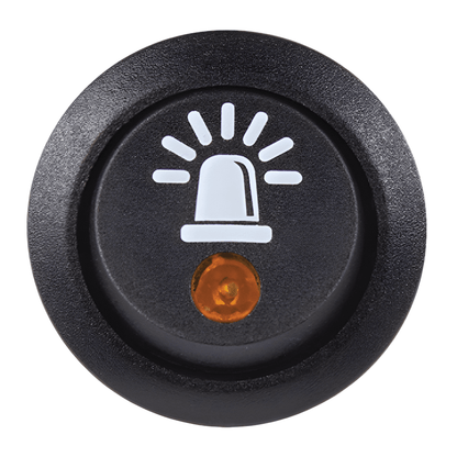 Frontal view of the SW44 dashboard switch highlighting the high-visibility amber LED and professional beacon legend for easy identification.