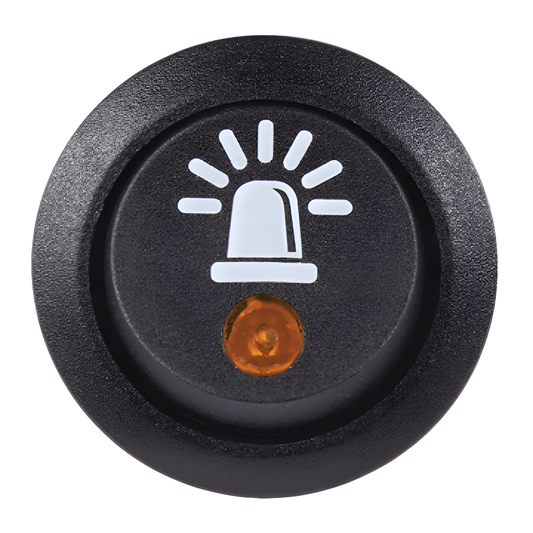 Frontal view of the SW44 dashboard switch highlighting the high-visibility amber LED and professional beacon legend for easy identification.