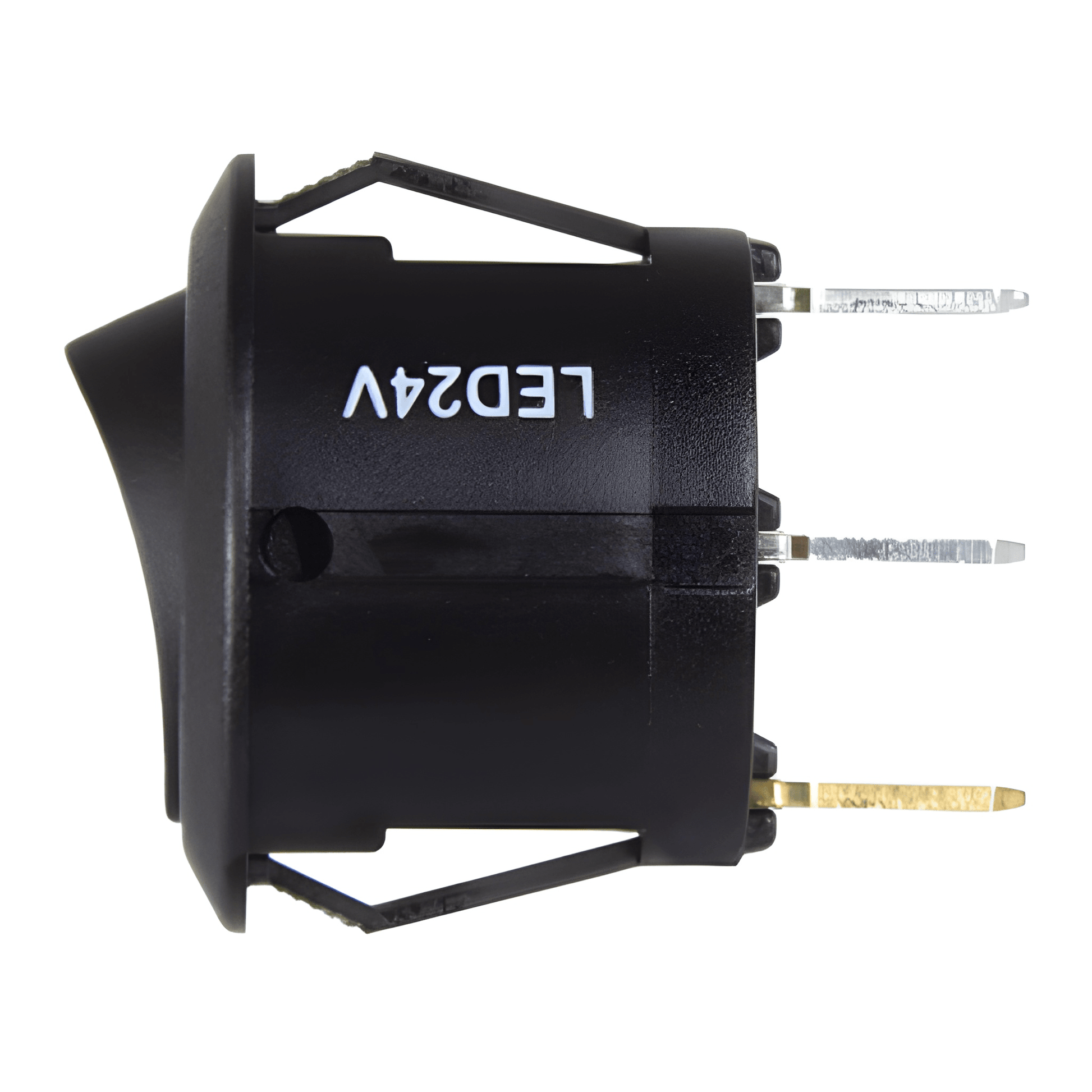 Side profile of the Guardian SW44 switch showing the 20mm mounting clips and Lucar blade terminals for secure electrical connection.