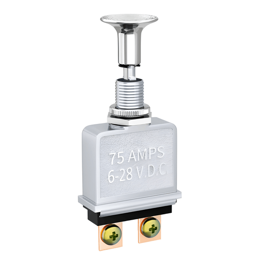Heavy duty chrome metal push-pull switch by MURE rated 75A with 2-pin connections