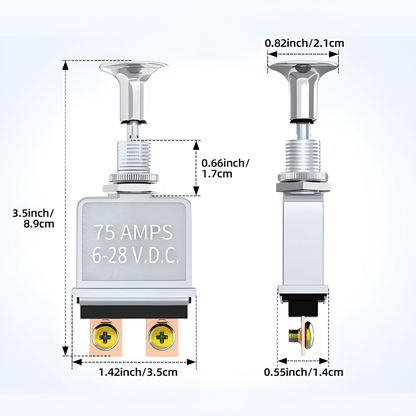 MURE heavy-duty metal 75A push-pull switch with 2 pins showing dimensions for length width and height