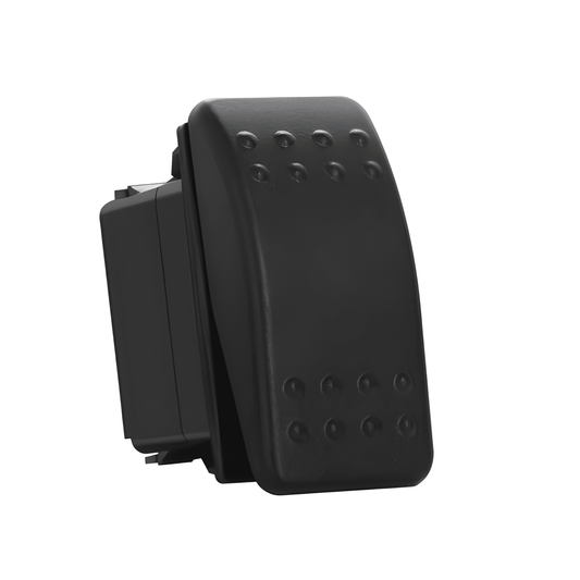 Black rectangular rocker switch with textured surface on a white background