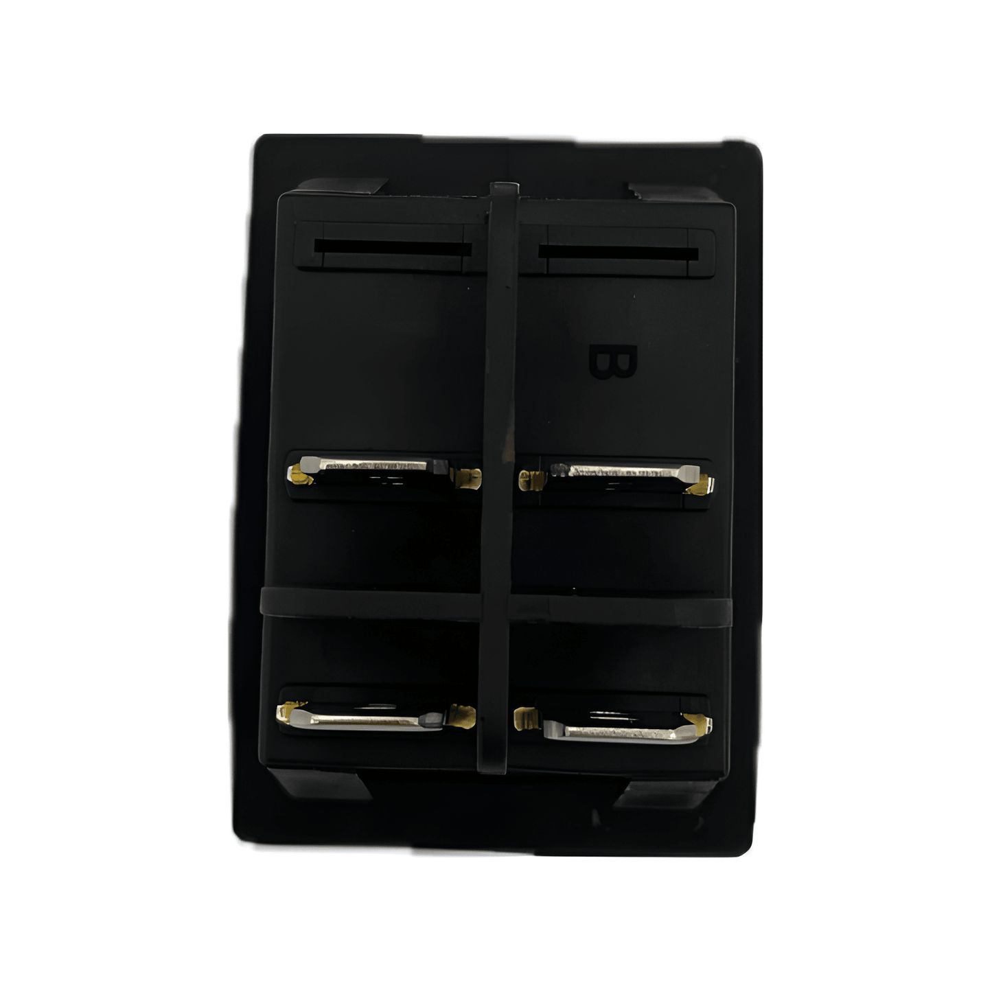 Rear view showing the 4-pin blade terminal configuration and internal plastic safety dividers of the MURE SW85 waterproof rocker switch.