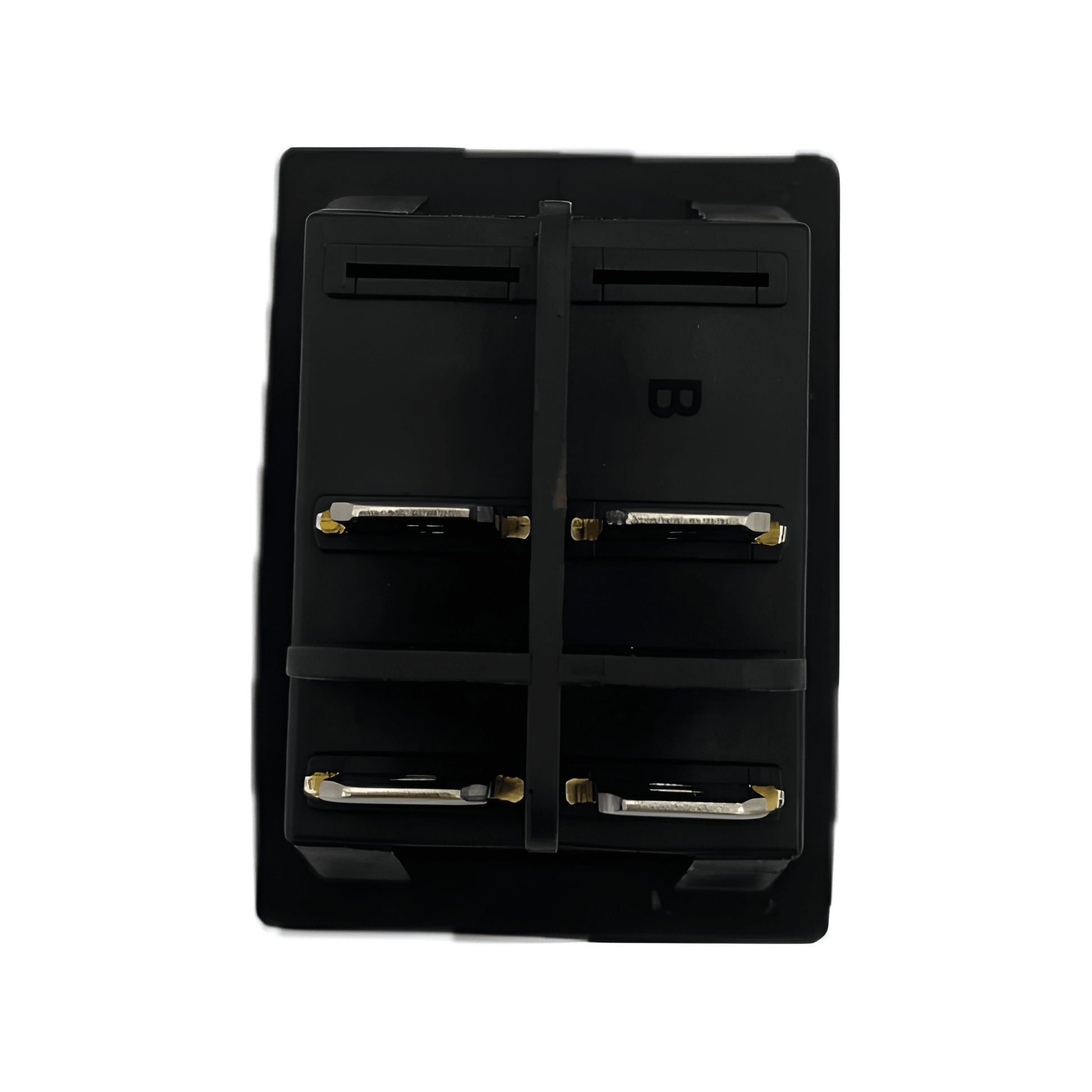 Rear view showing the 4-pin blade terminal configuration and internal plastic safety dividers of the MURE SW85 waterproof rocker switch.