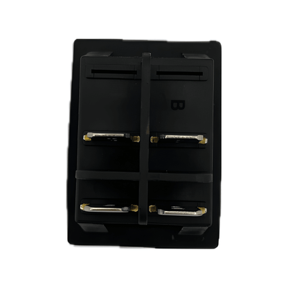 Rear view showing the 4-pin blade terminal configuration and internal plastic safety dividers of the MURE SW85 waterproof rocker switch.