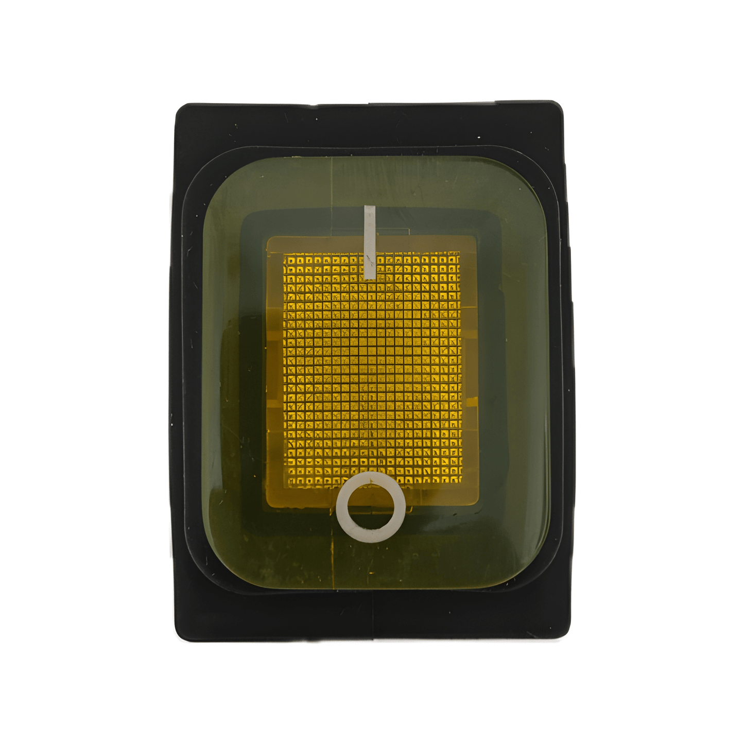 Front profile of a square MURE SW85 rocker switch featuring a transparent amber illuminated lens with standard vertical line (ON) and circle (OFF) markings.