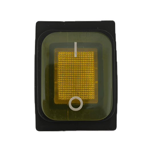 Front profile of a square MURE SW85 rocker switch featuring a transparent amber illuminated lens with standard vertical line (ON) and circle (OFF) markings.