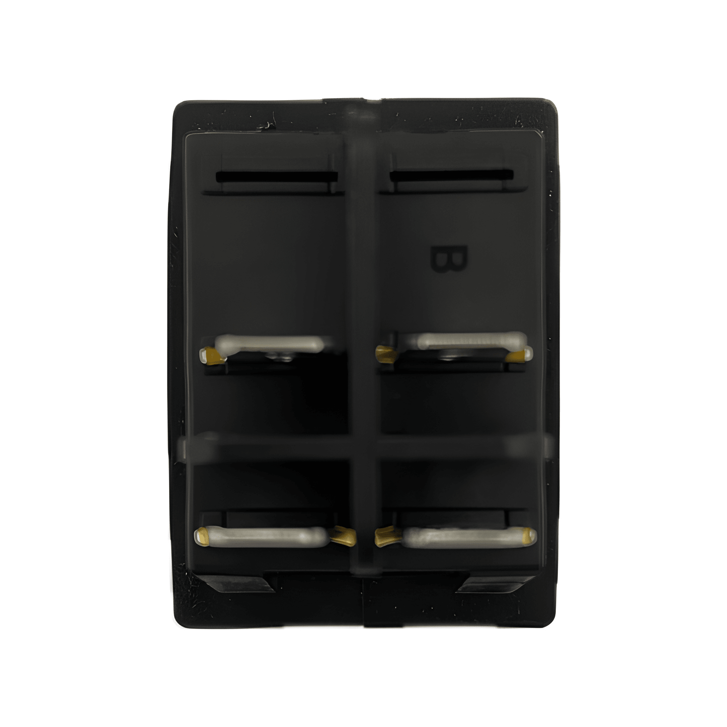 Rear view of the MURE SW89 waterproof rocker switch showing the 4-pin blade terminal layout and protective internal housing.