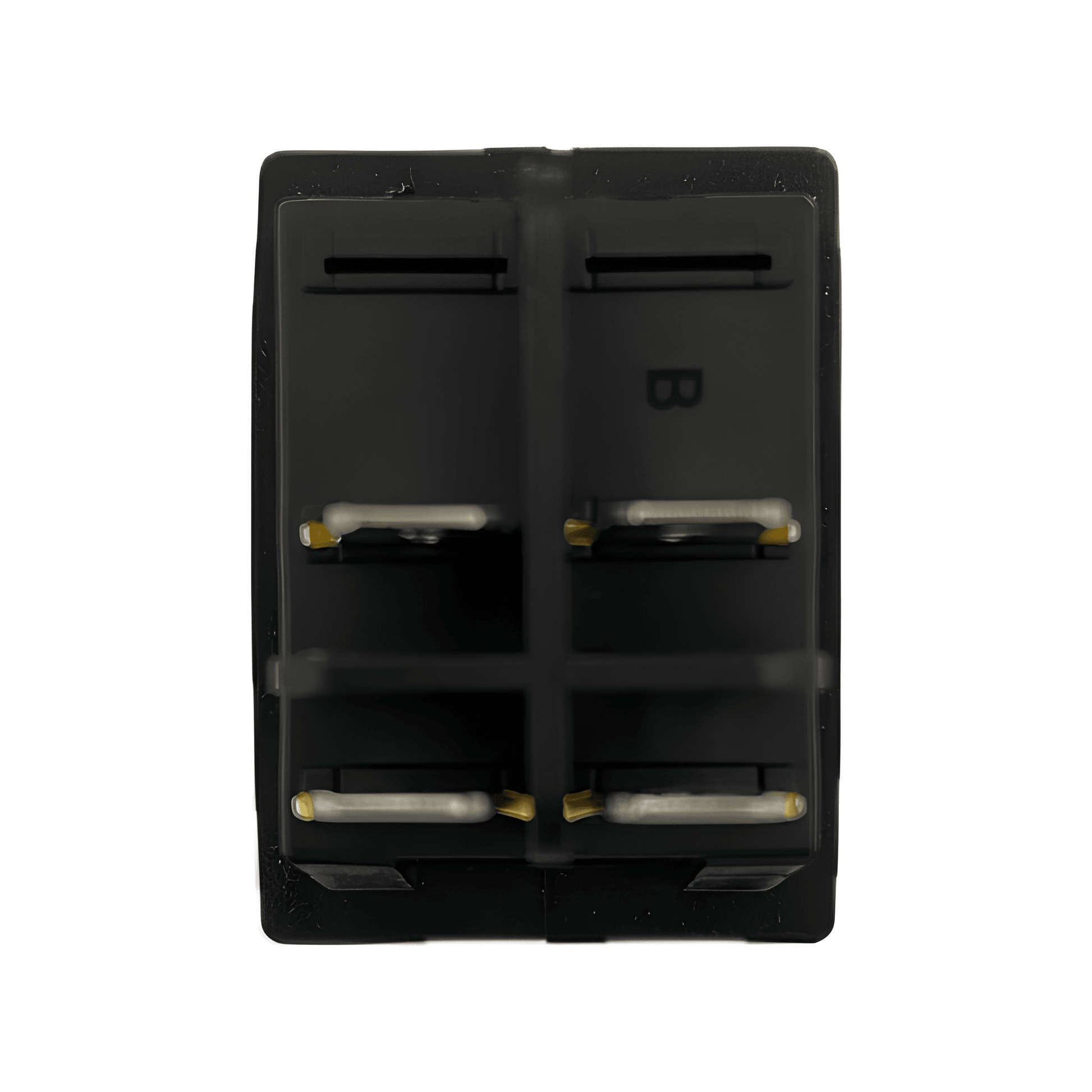 Rear view of the MURE SW89 waterproof rocker switch showing the 4-pin blade terminal layout and protective internal housing.