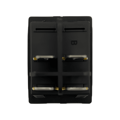 Rear view of the MURE SW89 waterproof rocker switch showing the 4-pin blade terminal layout and protective internal housing.
