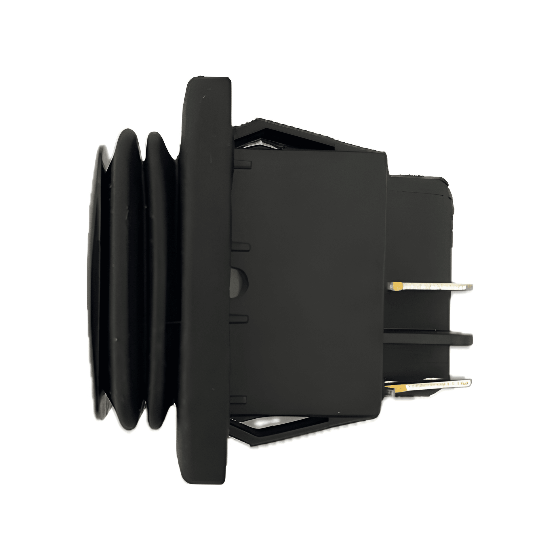 Side profile view of the MURE SW89 switch highlighting the integrated waterproof rubber sealing bellows and secure panel-mounting clips.