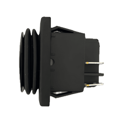 Side profile view of the MURE SW89 switch highlighting the integrated waterproof rubber sealing bellows and secure panel-mounting clips.
