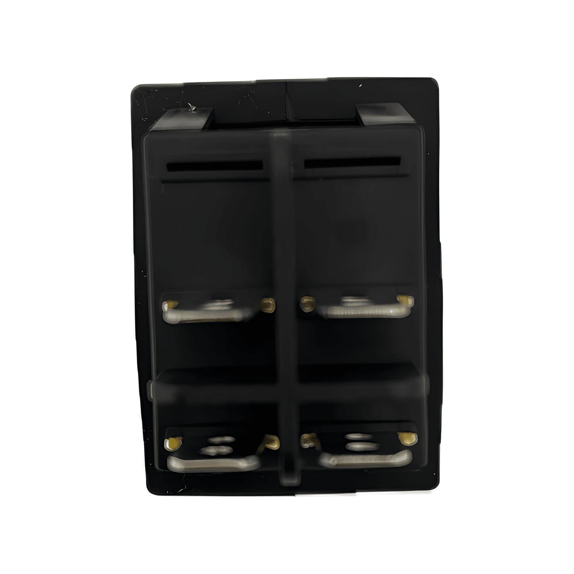 Rear view showing the 4-pin blade terminal configuration and internal plastic safety dividers of the MURE SW85 waterproof rocker switch.