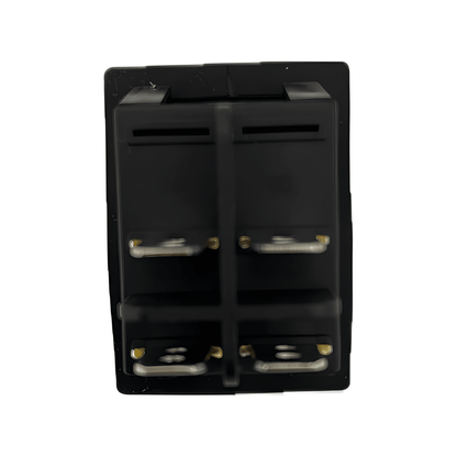 Rear view showing the 4-pin blade terminal configuration and internal plastic safety dividers of the MURE SW85 waterproof rocker switch.