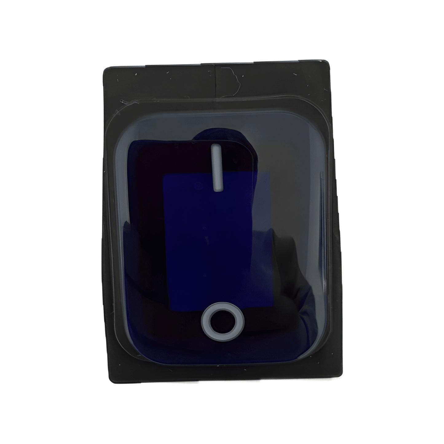 Front profile of a square MURE SW85 rocker switch featuring a transparent blue illuminated lens with standard vertical line (ON) and circle (OFF) markings.