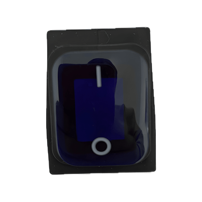 Front profile of a square MURE SW85 rocker switch featuring a transparent blue illuminated lens with standard vertical line (ON) and circle (OFF) markings.