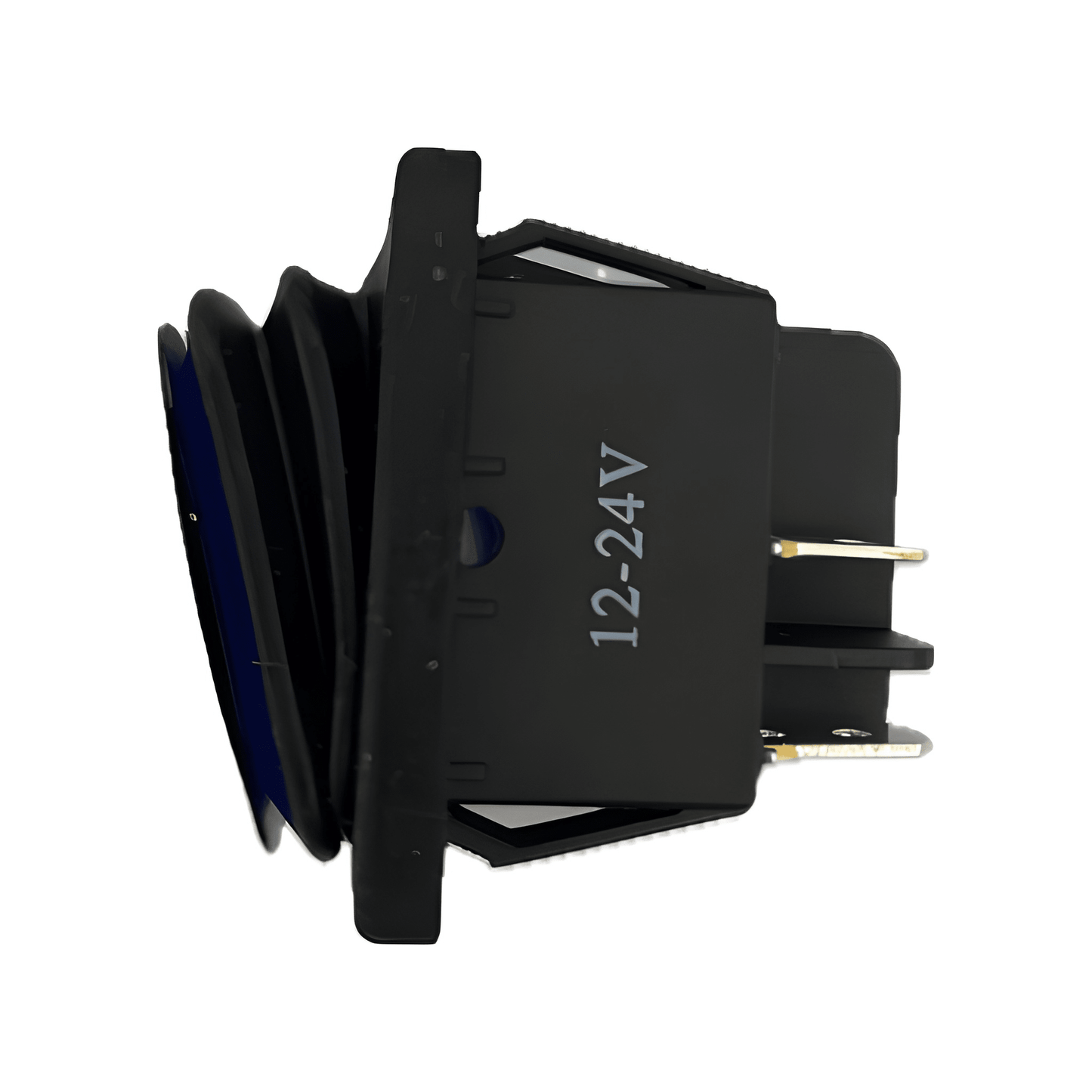Side profile of the MURE SW85 switch highlighting the 12-24V dual-voltage rating, integrated waterproof rubber bellows, and secure panel-mounting clips.