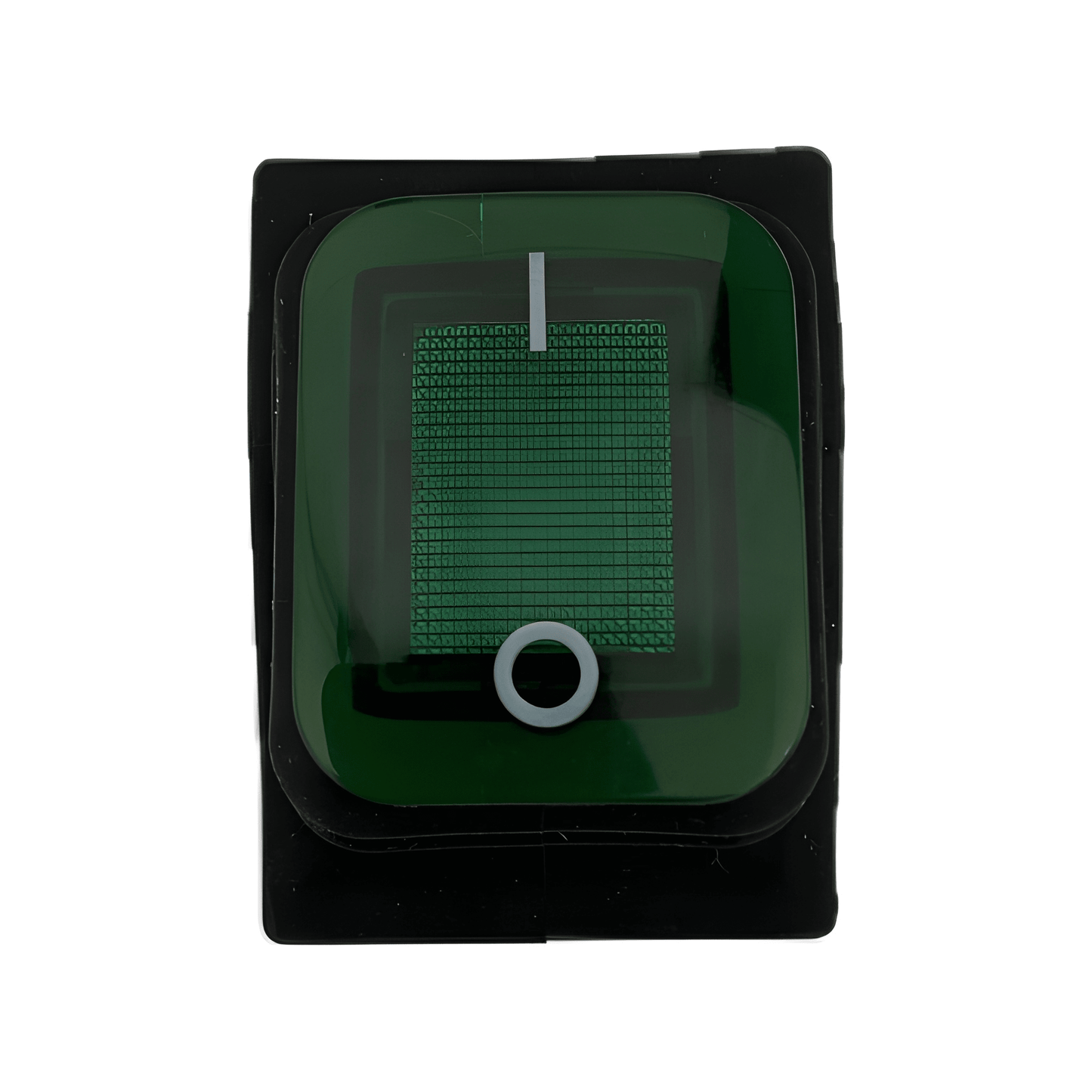 Front profile of a square MURE SW87 rocker switch featuring a transparent green illuminated lens with standard ON/OFF vertical line and circle markings.
