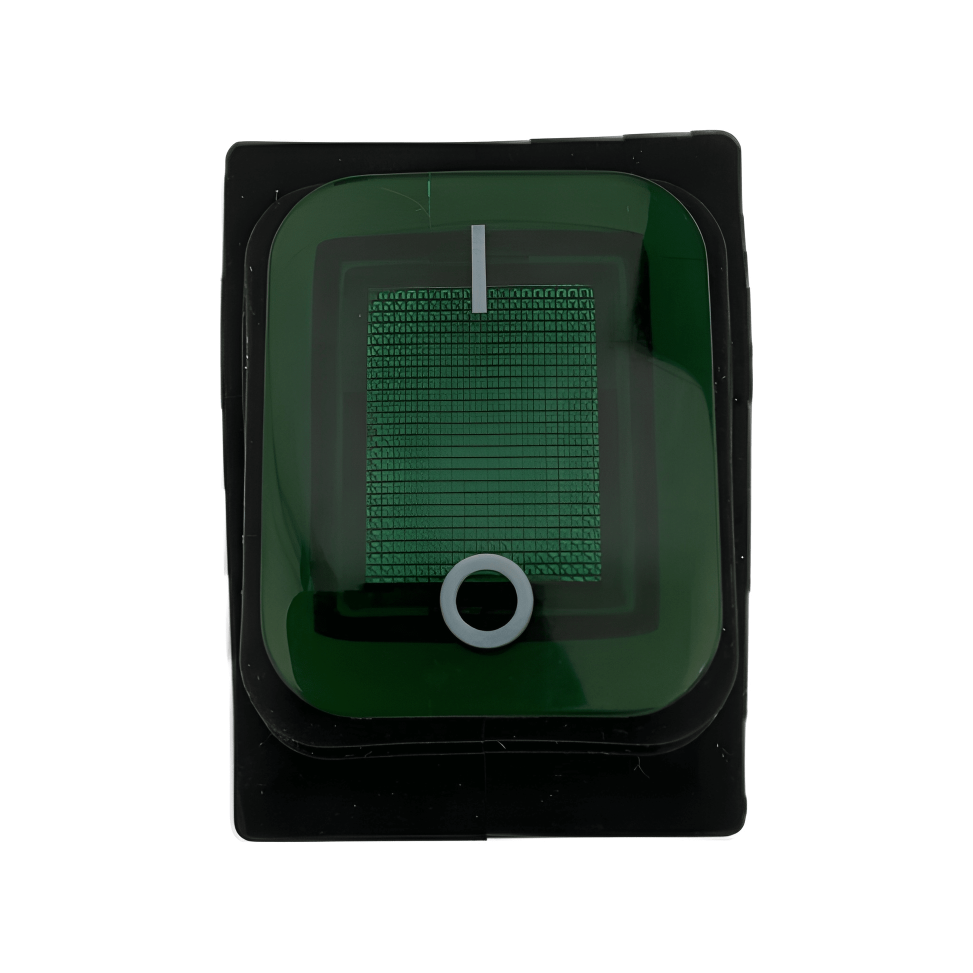 Front profile of a square MURE SW87 rocker switch featuring a transparent green illuminated lens with standard ON/OFF vertical line and circle markings.