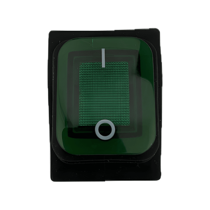 Front profile of a square MURE SW87 rocker switch featuring a transparent green illuminated lens with standard ON/OFF vertical line and circle markings.