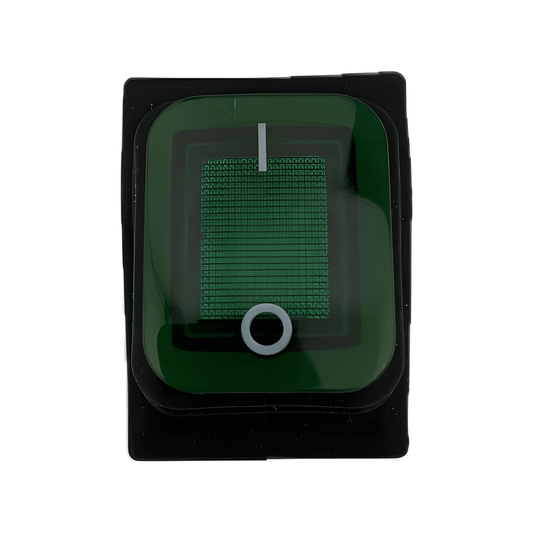 Front profile of a square MURE SW87 rocker switch featuring a transparent green illuminated lens with standard ON/OFF vertical line and circle markings.