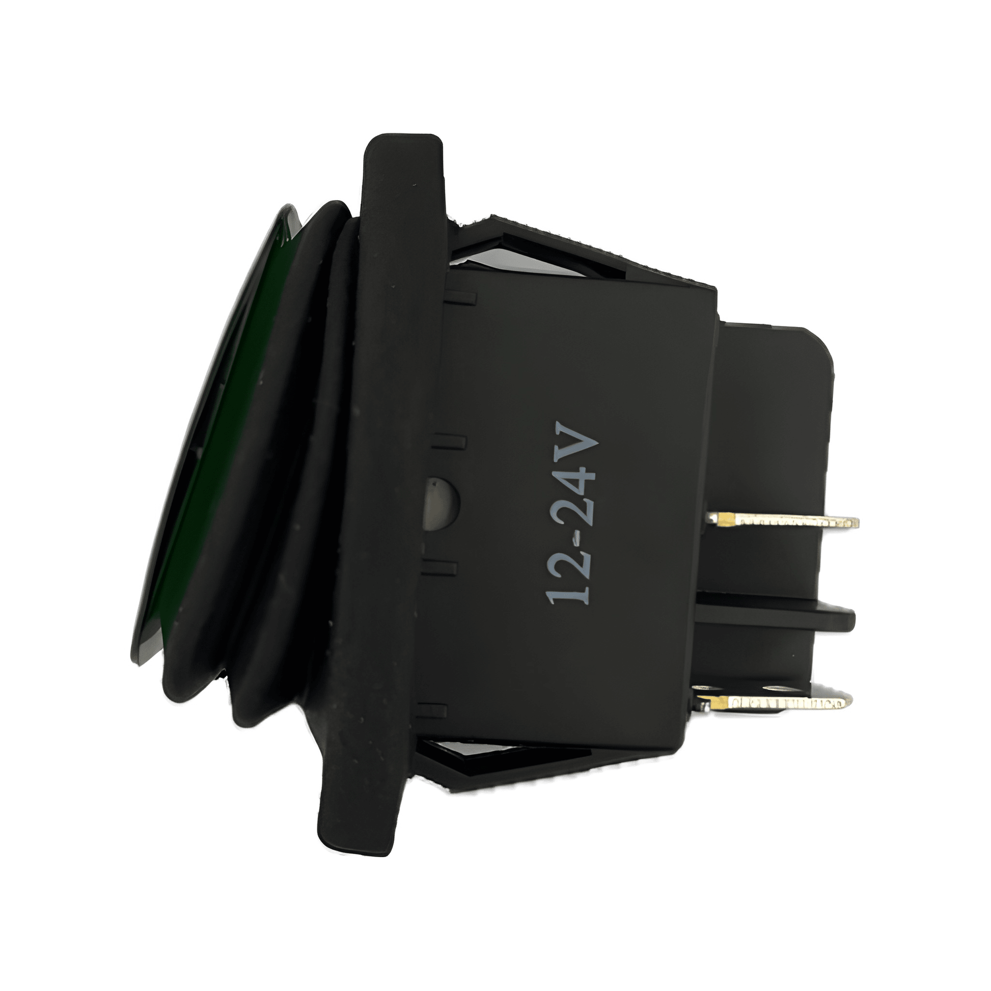 Side profile of the MURE SW87 switch highlighting the 12-24V voltage rating, integrated waterproof rubber sealing bellows, and secure mounting clips.
