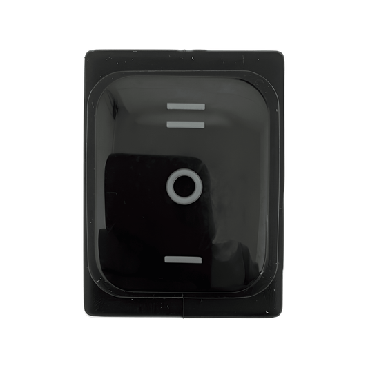 Front profile of a black MURE SW94 rocker switch featuring a non-illuminated lens with white ON-OFF-ON (double-throw) position markings.