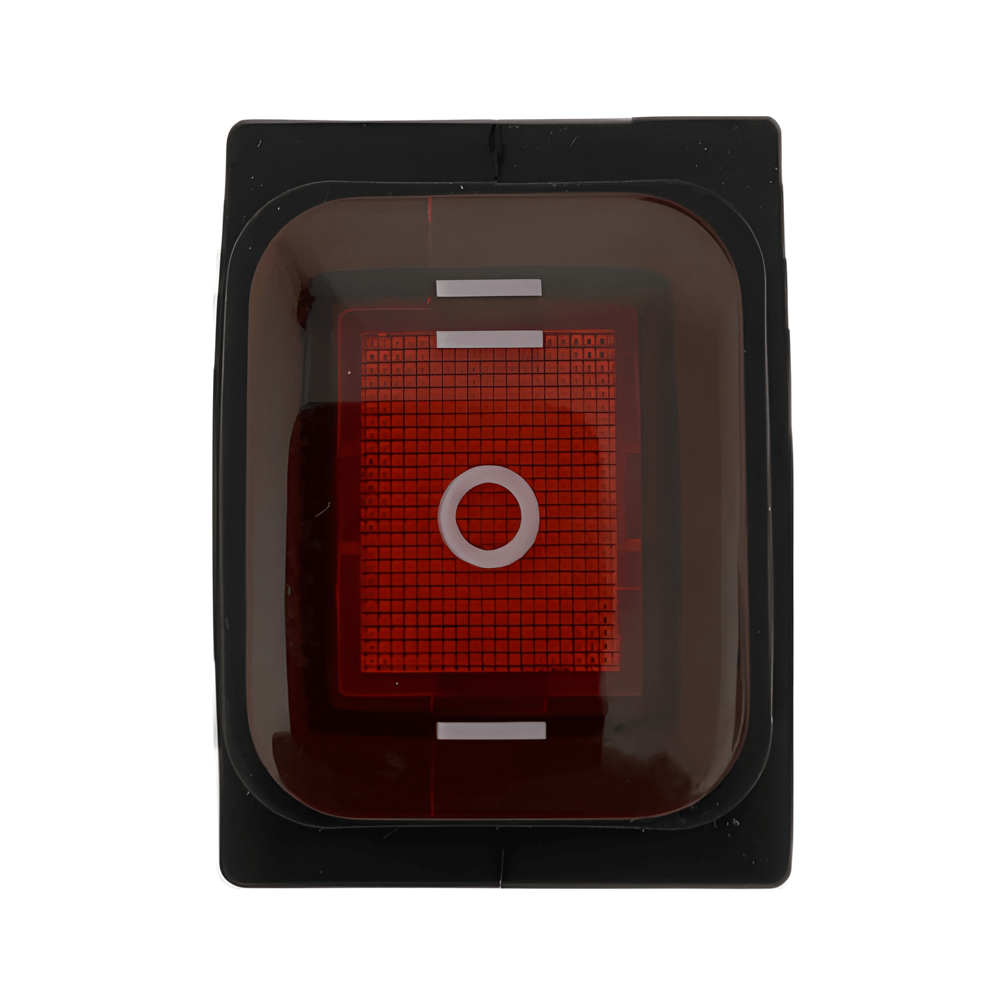 Front profile of a square MURE SW93 rocker switch with a transparent red illuminated lens and white ON-OFF-ON markings.