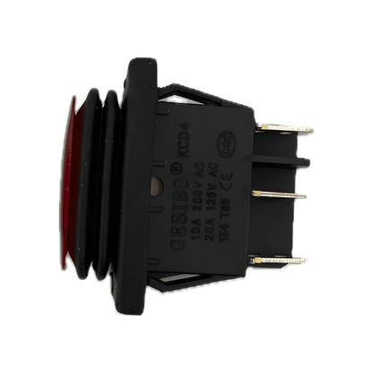 Rear view showing the 6-pin terminal configuration and heavy-duty plastic divider of the MURE SW93 waterproof rocker switch.
