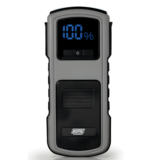 front view of a 12V Jump Starter Power Pack 600A Usb Torch Rechargeable 24,000Mah Lithium Ion Maypole MP7442 displaying 100% on led screen