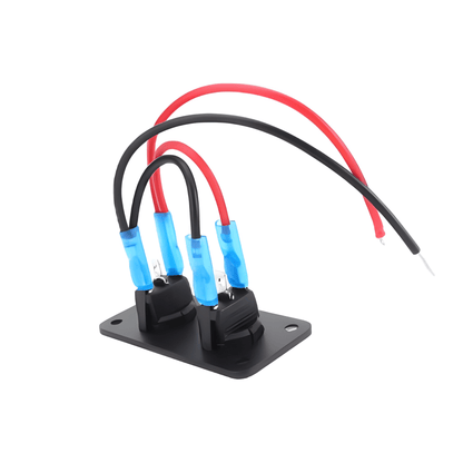 Rear view of the MURE 2-gang switch panel highlighting the pre-wired red and black power leads with insulated blue spade connectors for efficient 12V installation