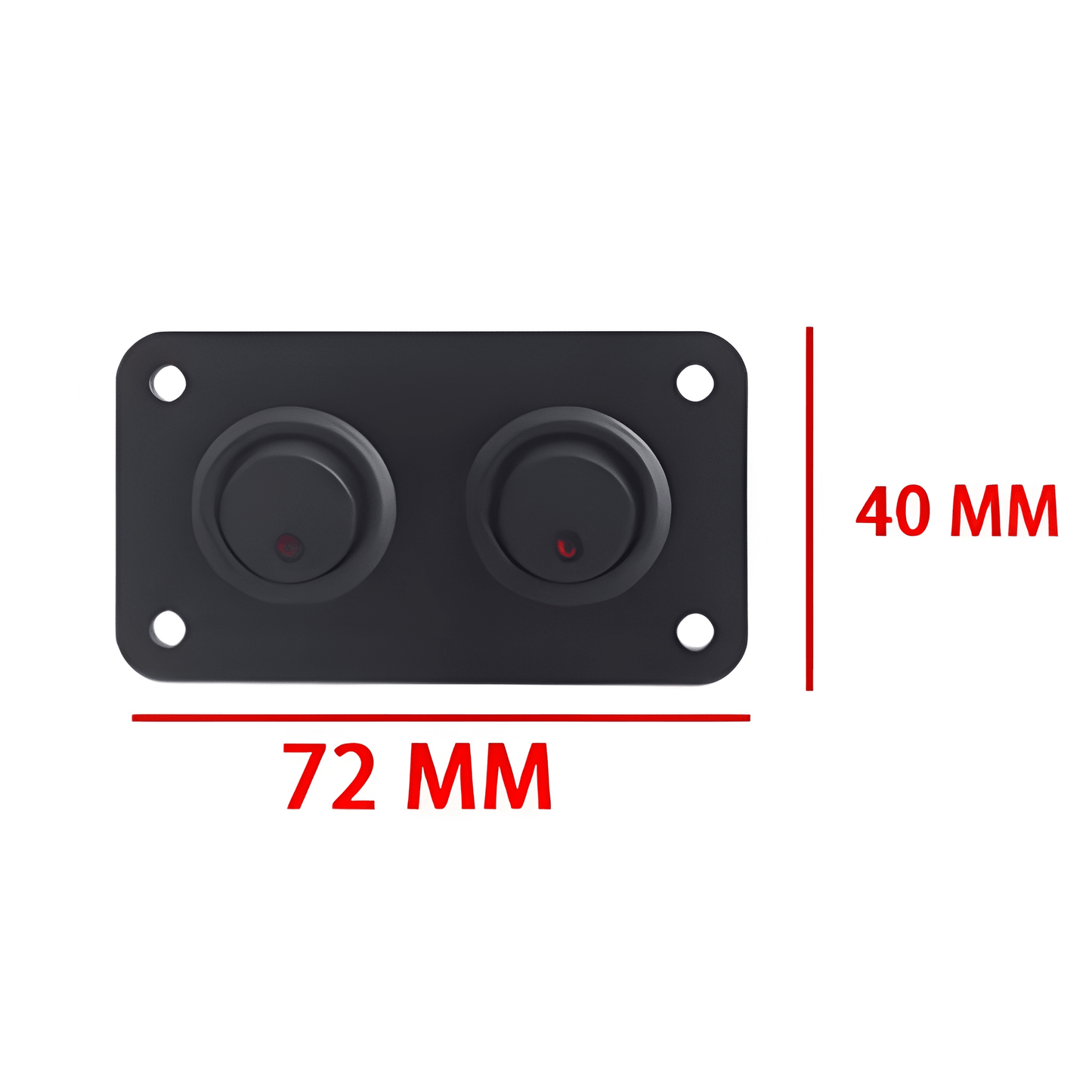 Technical dimension overlay of the 2-gang switch panel showing a total width of 72mm and a height of 40mm.