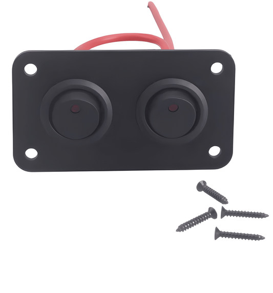 Frontal profile of a 2-gang mini rocker switch panel in matte black, featuring dual round switches with integrated red LED indicators and four included black mounting screws.