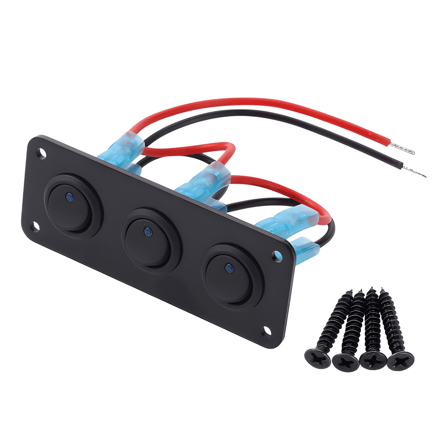 Three-quarter view of the MURE 3-gang toggle switch panel featuring blue LED indicators, a matte black finish, and four included black mounting screws.