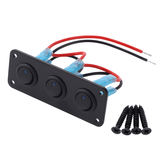 Three-quarter view of the MURE 3-gang toggle switch panel featuring blue LED indicators, a matte black finish, and four included black mounting screws.