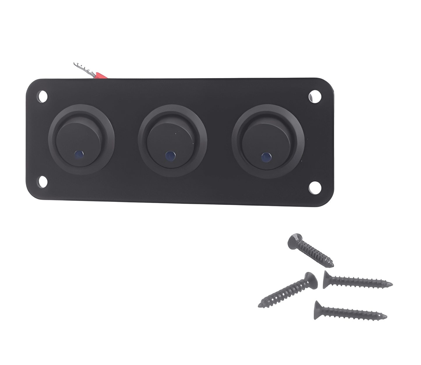Frontal profile of the 12V mini rocker switch panel highlighting the sleek triple-gang design and integrated blue LED status lights.