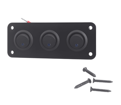 Frontal profile of the 12V mini rocker switch panel highlighting the sleek triple-gang design and integrated blue LED status lights.