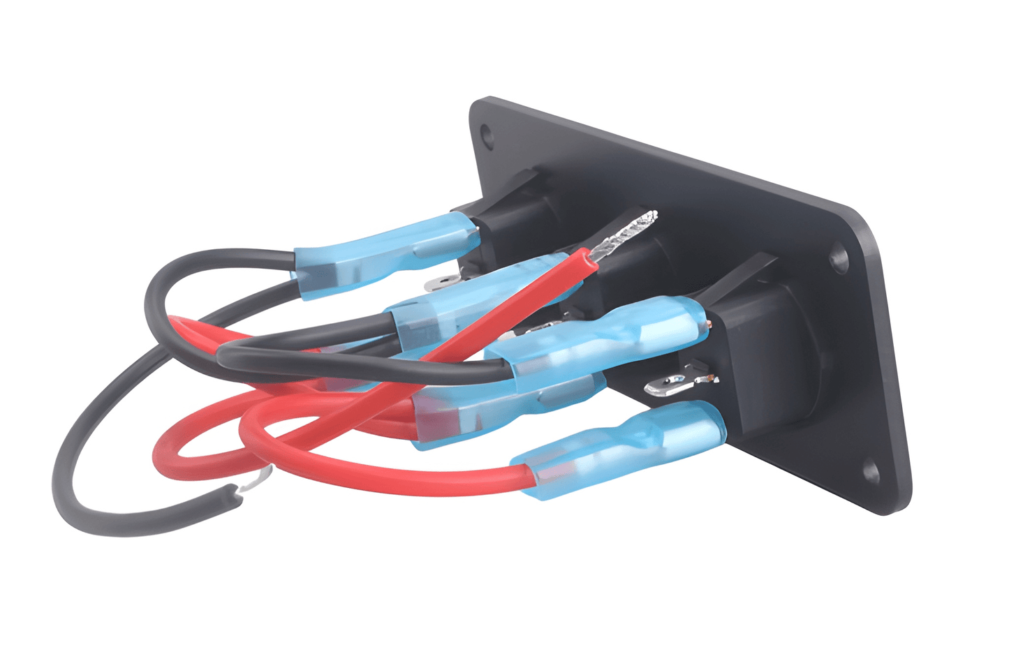 Rear view of the 3-gang rocker switch panel showing pre-wired red and black leads with insulated blue spade connectors for simplified 12V installation.