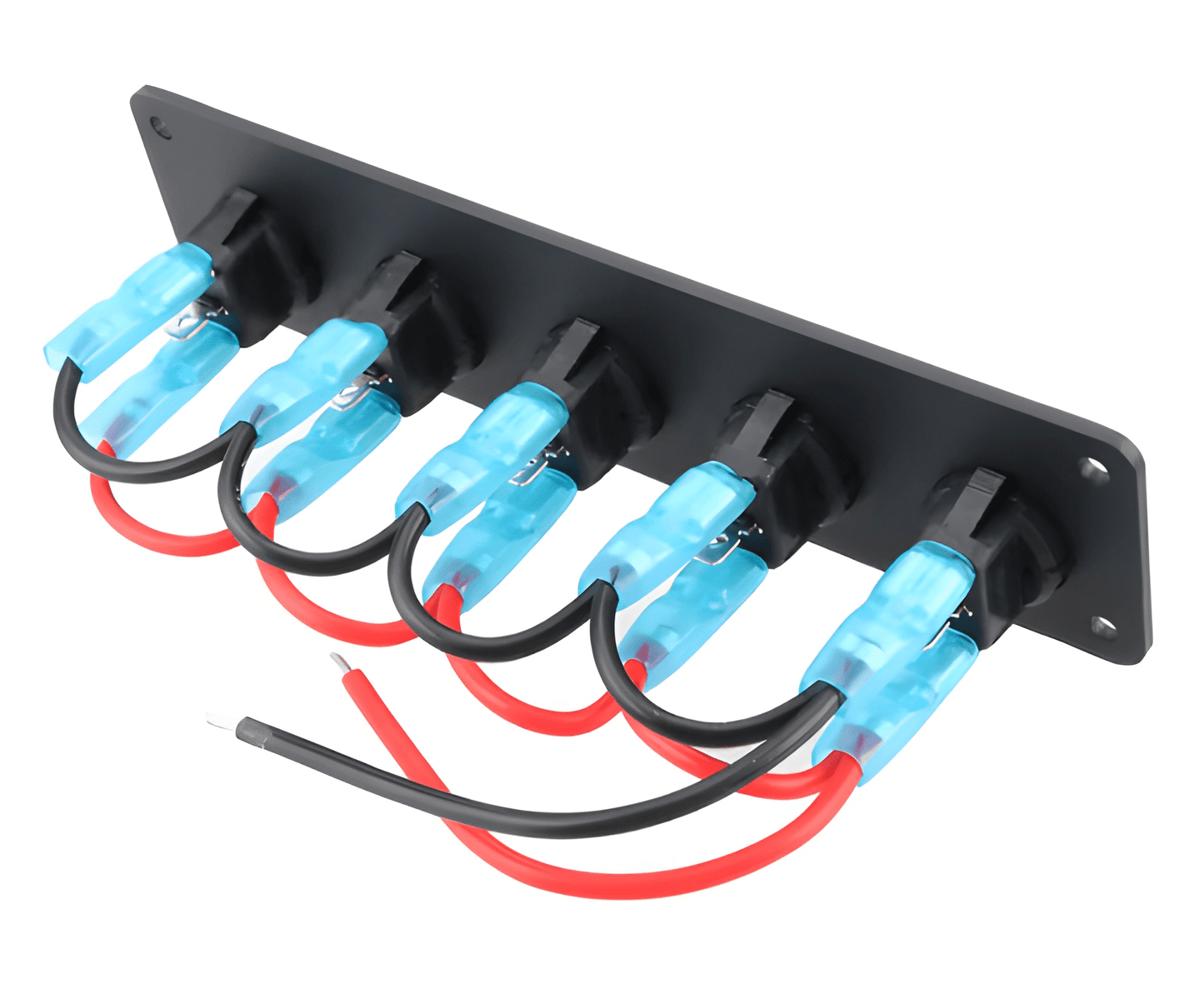 Rear perspective of the 5-gang rocker switch panel showing professional pre-wired parallel bridge connections with insulated blue spade terminals for simplified 12V DC installation.