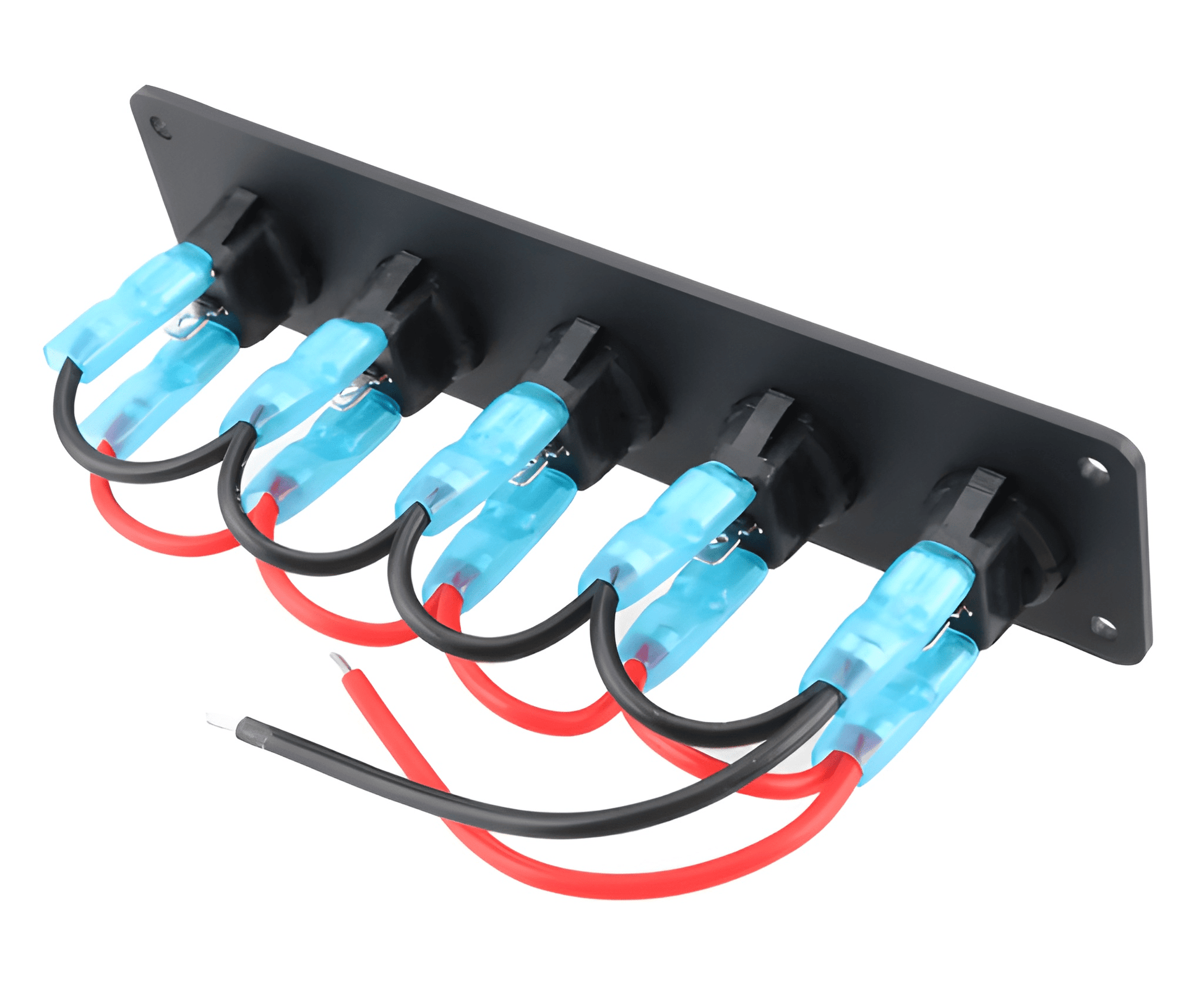 Rear perspective of the 5-gang rocker switch panel showing professional pre-wired parallel bridge connections with insulated blue spade terminals for simplified 12V DC installation.