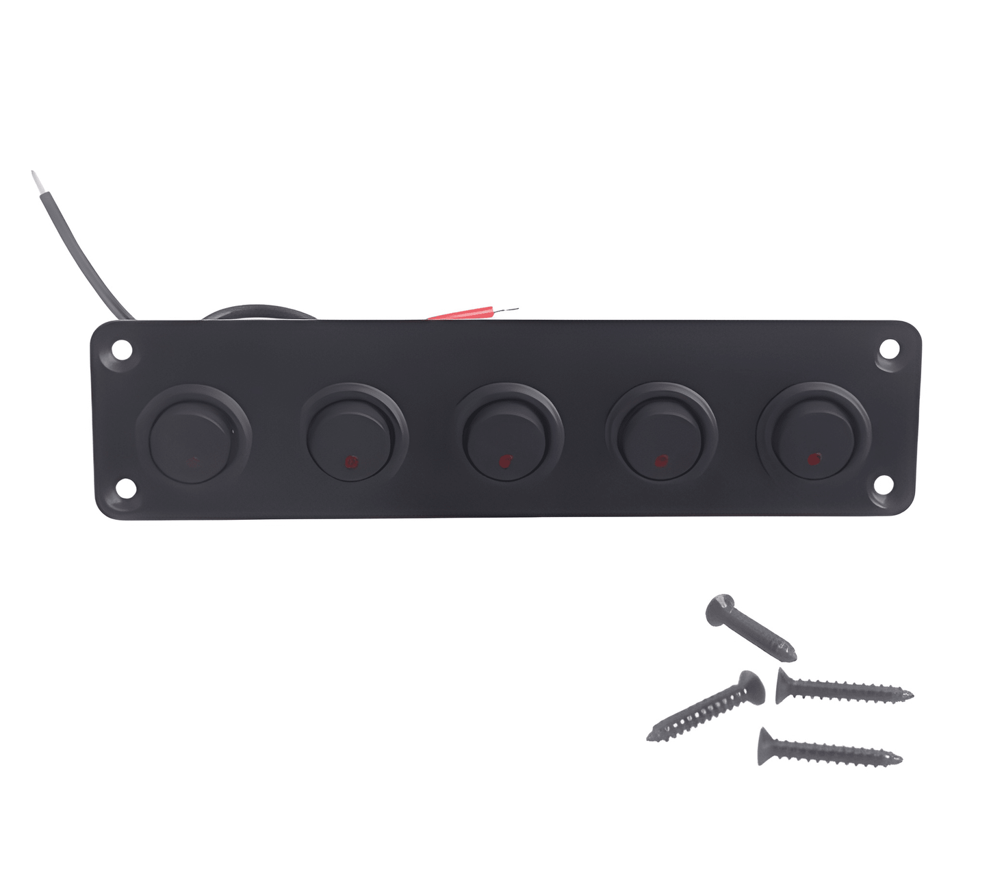 Frontal profile of the MURE 5-gang mini rocker switch panel in matte black, featuring integrated status indicators and four black mounting screws for a flush-fit dashboard finish.